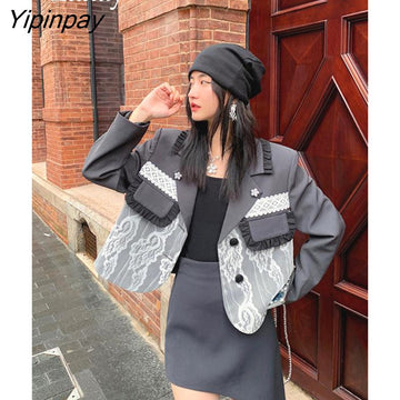 Yipinpay 2023 Autum Floral Lace Full Sleeve Women Short Blazer jacket Korean style Patchwork Suit Blazer Work Female Clothing Coat